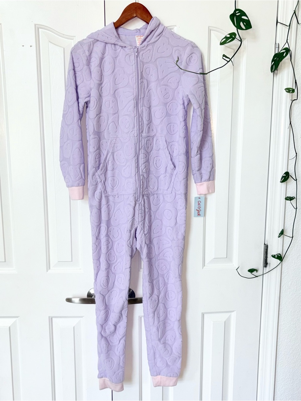 NWT girls Cat & Jack Lilac Hooded Kids One-Piece with Smiley Texture Sz XL (14)